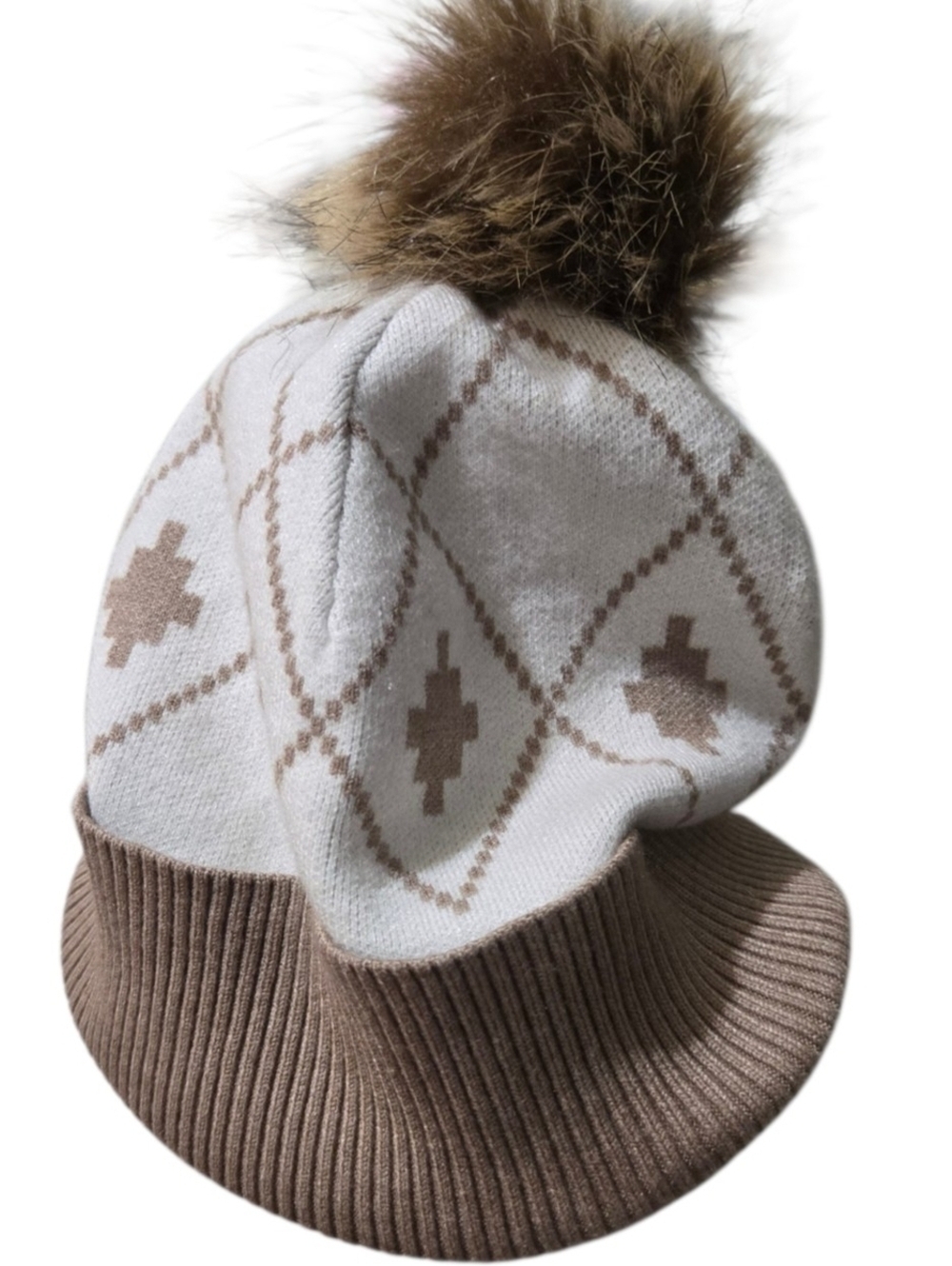 Rachel Zoe Argyle Knit Pom Pom Beanie Hat Ivory Taupe Faux Fur Winter Cap